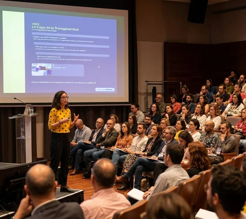 Pía Gutiérrez da una charla en un auditorio ante el público, junto a una pantalla con la dinámica «La capa de la transgeneridad»