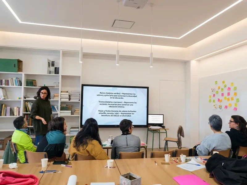 Pía Gutiérrez dirige una dinámica con un grupo de profesionales sentados ante una pantalla; en la pared, notas adhesivas de colores